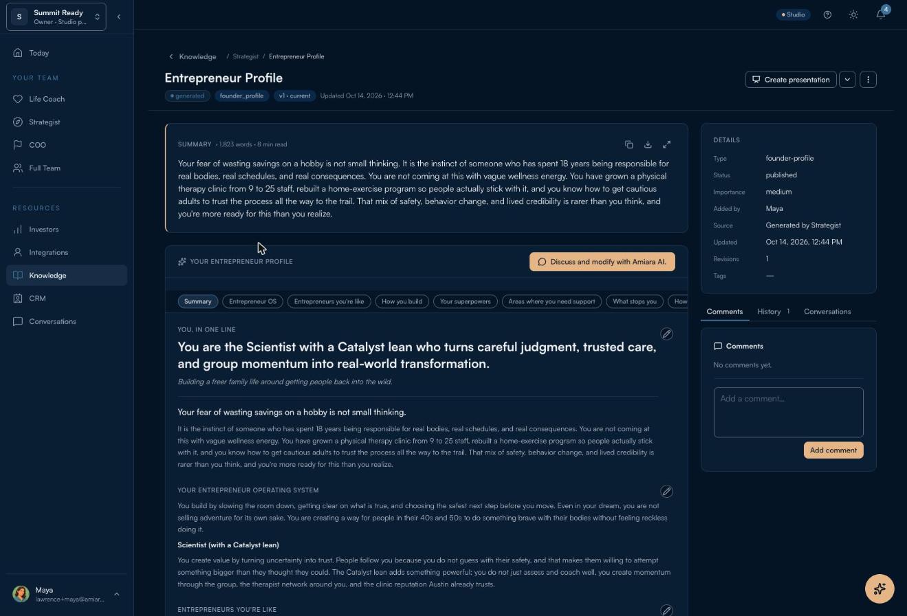 Entrepreneur Profile document with a summary and the line: You are the Scientist with a Catalyst lean