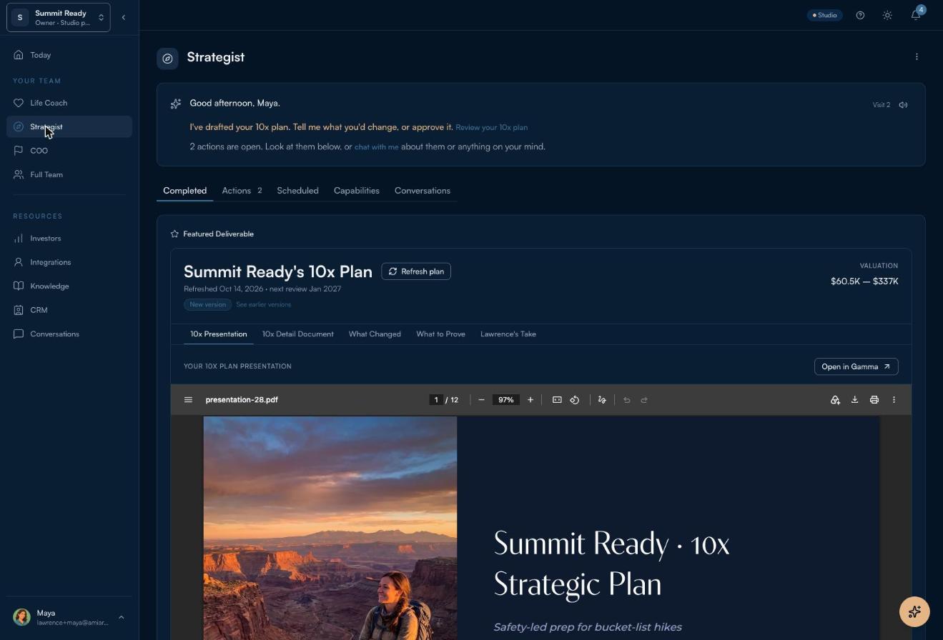 Strategist page showing Summit Ready's 10X Plan, the valuation range and the 12-slide presentation