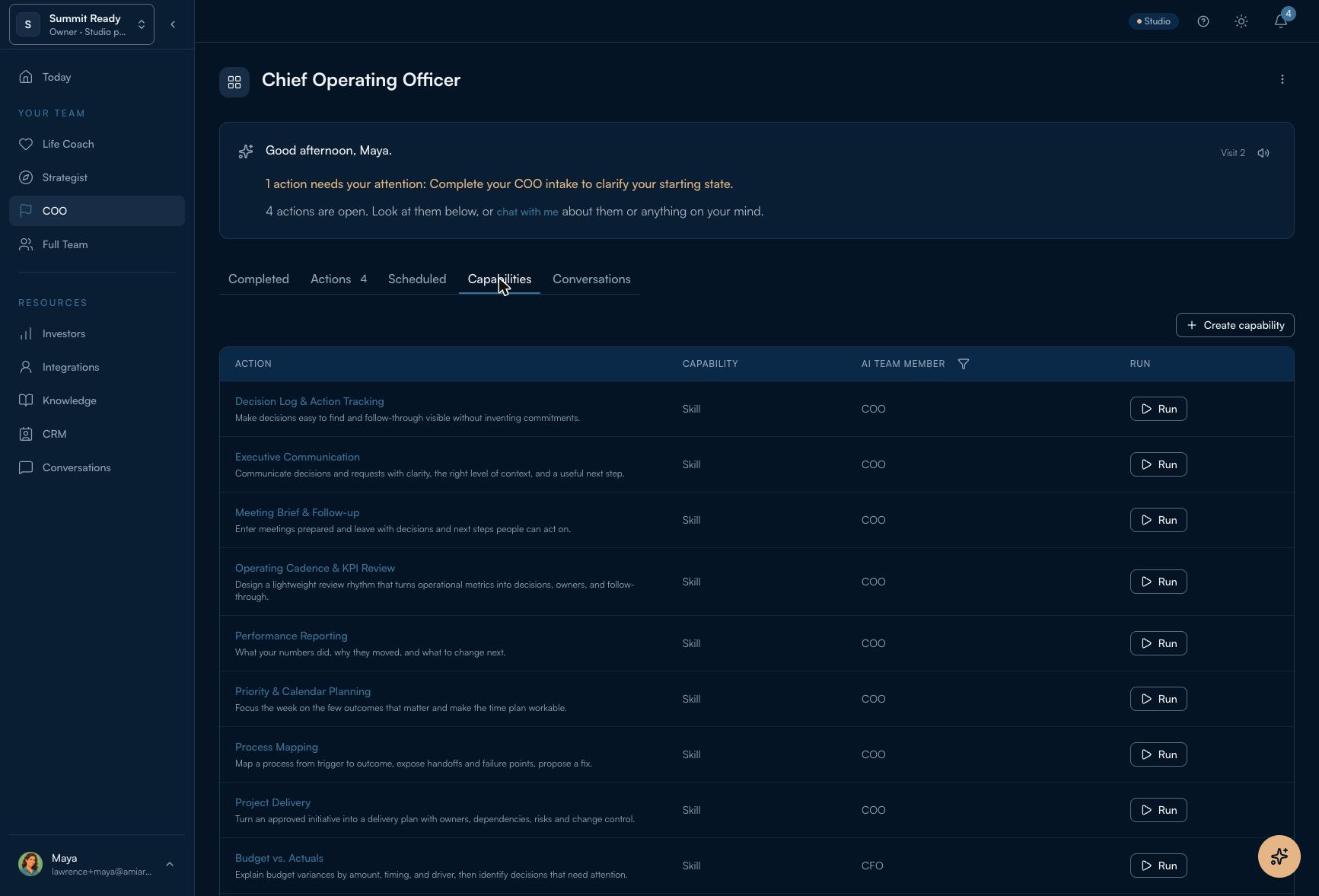 COO Capabilities tab listing skills with a Run button each