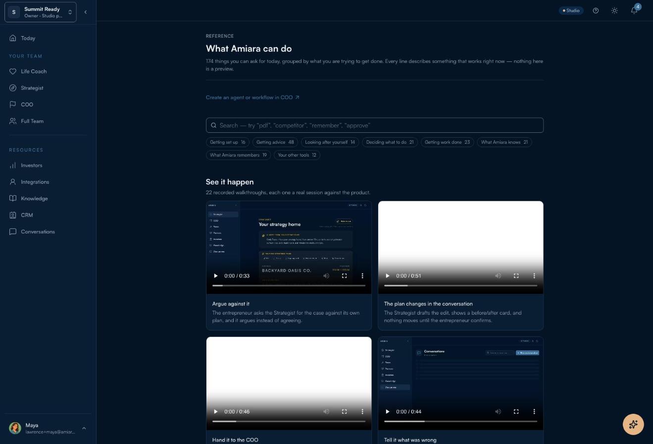 What Amiara can do page: 174 things grouped by goal, with recorded walkthroughs